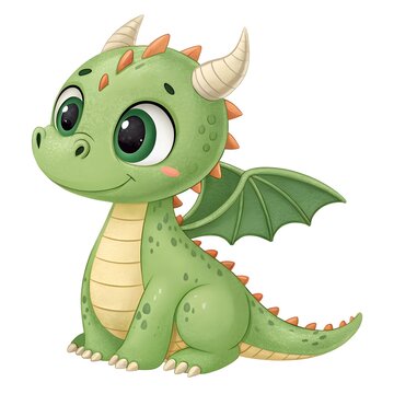 Cute cartoon baby dragon with big eyes sitting happily