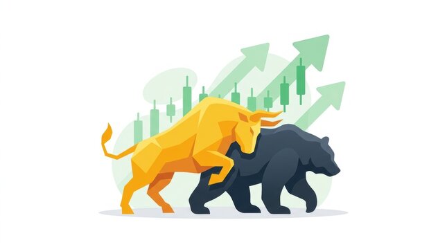 A golden bull and a dark bear facing each other with rising stock market charts in the background