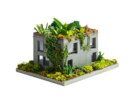 Miniature model of a building with a green rooftop garden on a black background