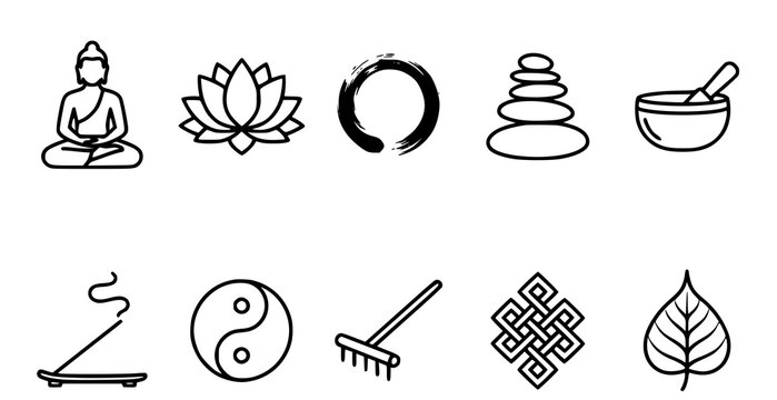 A collection of ten hand drawn zen and meditation icons featuring buddha lotus flower yin yang and spiritual symbols isolated