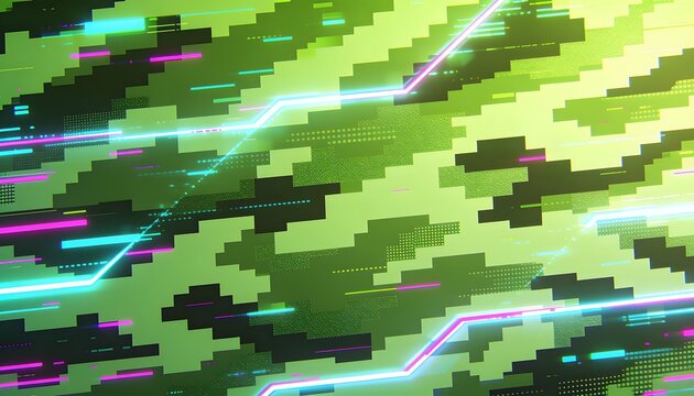 Dynamic digital camouflage background with vibrant neon lines and pixelated patterns, illustrating modern technology, data flow, and abstract cyber aesthetics