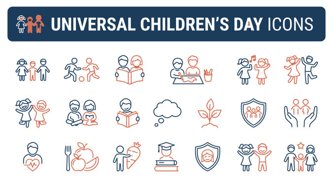 Universal children's day icons featuring diverse activities and themes featuring celebration, education, reading