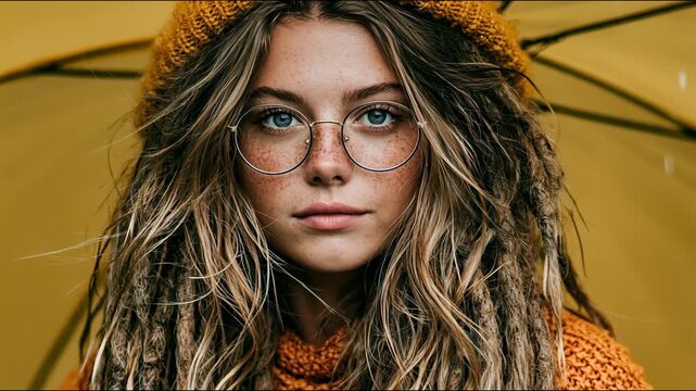 Portrait of a young woman wearing glasses and an orange knit hat standing under an umbrella in the rain.