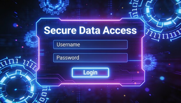 Vibrant digital interface for 'Secure Data Access' with neon glowing text fields and button, set against a dark background with abstract blue cyber security elements
