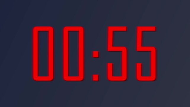 Digital Countdown Timer Animation, 1 mint, 1 minuter countdown timer on black background.