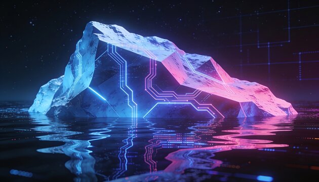 Stunning abstract digital art with a technological iceberg floating in water under a starry sky, illuminated by neon pink and blue electronic circuits reflecting on the surface