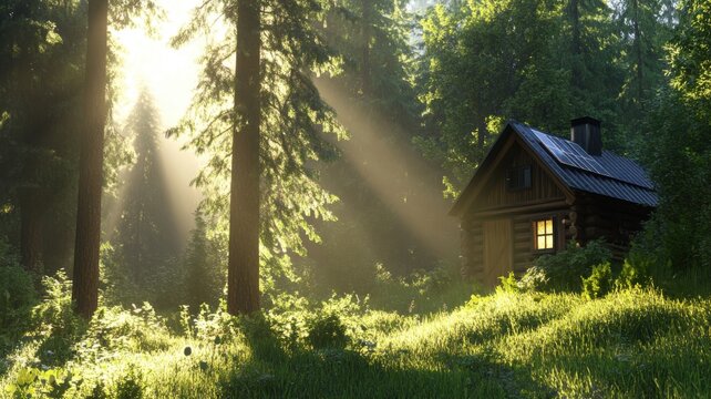 Rustic off-grid cabin in a peaceful forest clearing during autumn