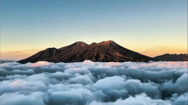 Grand twin volcanic summits emerge majestically above thick fluffy cloud ocean, pale soft morning sky glows gently over rugged rocky slopes