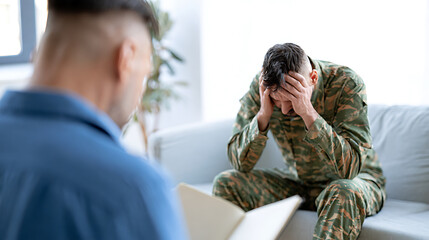 Obraz premium A military person in camouflage uniform sits distraught with head in hands during therapy session as a therapist listens and offers support