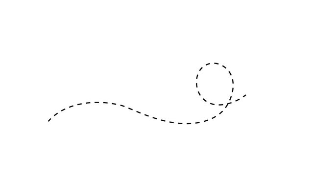 Animated black dashed line drawing a looping route path on a clean white background. Great motion graphic element for navigation, maps, and travel.