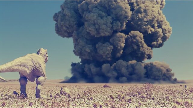 A large dinosaur stands in a barren landscape watching a massive explosion erupt in the distance.