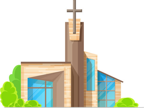 Protestant church building icon. Christian religion temple or monastery building, isolated vector modern architecture cathedral, protestantism congregation church with cross on bell tower
