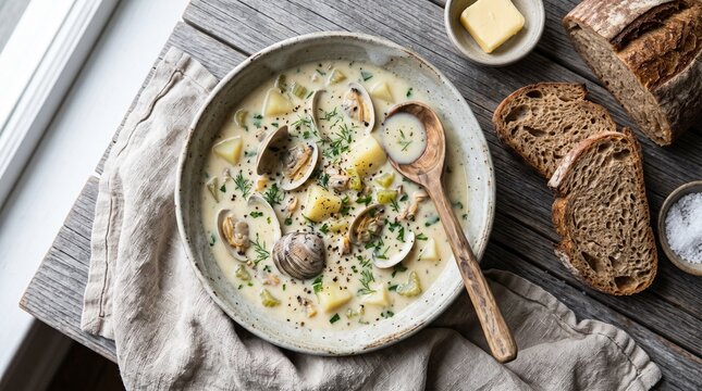 Seafood chowder flat lay, rustic creamy soup with clams potatoes herbs bread butter and wooden spoon on gray wood