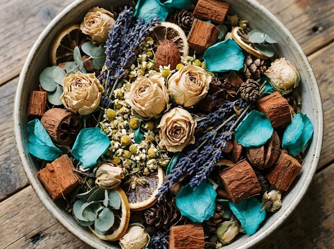 Dried floral potpourri with roses, lavender, and citrus slices in a bowl