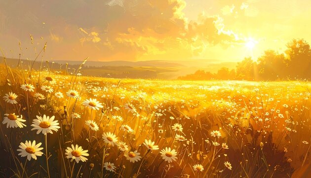 Golden Sunset Over Blooming Daisy Field Warm Summer Landscape Painting Concept