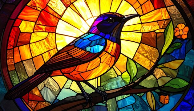 Colorful Bird on Branch Stained Glass Window Art Vibrant Nature Concept
