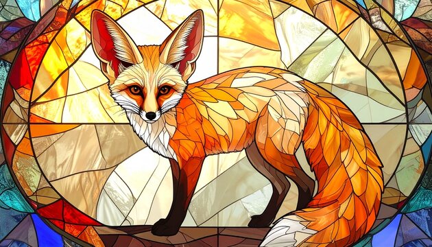 Red Fox Stained Glass Art Vibrant Wildlife Illustration Decorative Concept