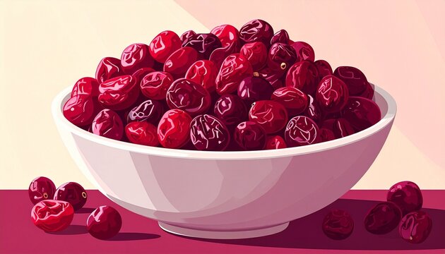 Dried Cranberries in White Bowl Flat Style Illustration Food Concept