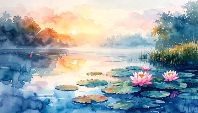 Serene Lotus Pond at Dawn Watercolor Painting Nature Tranquility Concept