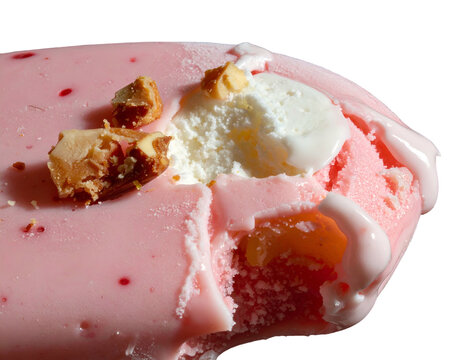 Pink Strawberry Glazed Ice Cream Bar with Nut Toppings on Black Background