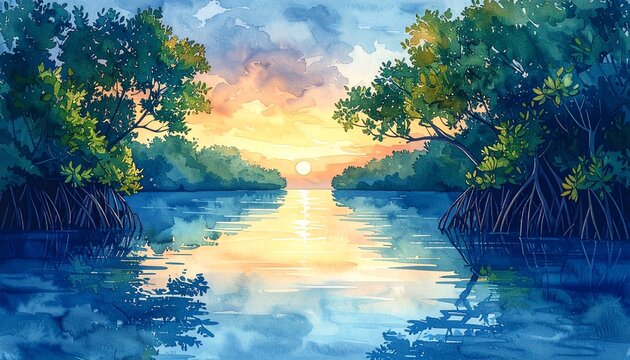 Serene Mangrove Waterway at Sunset Watercolor Painting Nature Concept