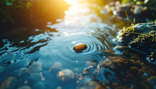 Golden Seed Floating on Rippling Stream Water with Sunlight Potential Concept
