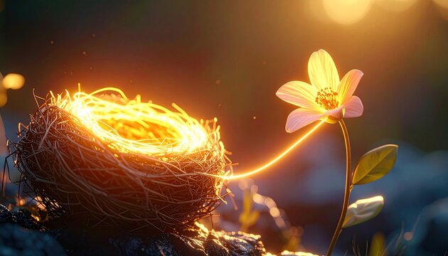 Glowing nest and blooming flower connected by golden light thread nurture life concept
