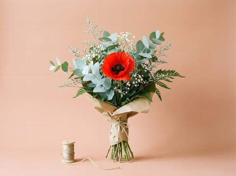 Beautiful bouquet with a single red poppy flower and eucalyptus leaves
