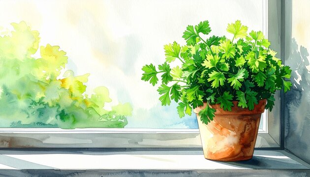 Fresh Potted Parsley Herb on Sunny Windowsill Watercolor Illustration Concept