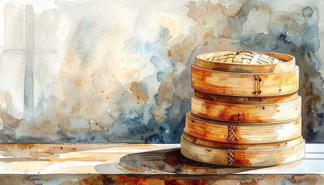 Stacked Bamboo Steamer Baskets Traditional Asian Cooking Concept Watercolor Wash Background