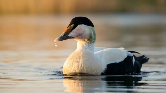 eider duck floating on calm lake in warm golden light close-up video