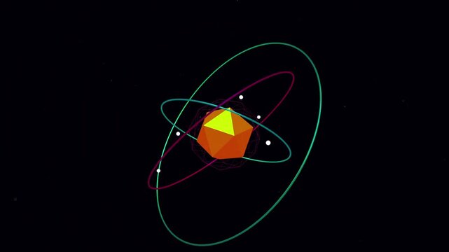 Abstract 3D Animation of an Atom Structure with Orbiting Electrons and a Geometric Nucleus on Black Background