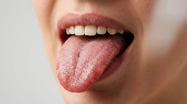 Close-up of person's mouth showing tongue and teeth lips