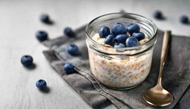 creamy overnight oats topped with fresh blueberries in a glass jar placed on a gray napkin with a spoon beside it
