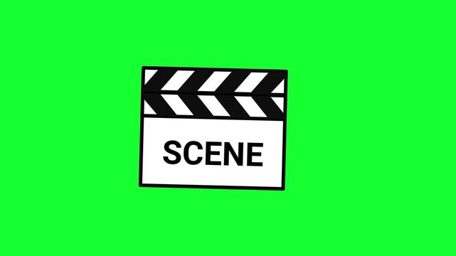 Animated movie clapperboard clacking scene 01 loop on green screen background for film production, cinema action, video editing, and transition asset.