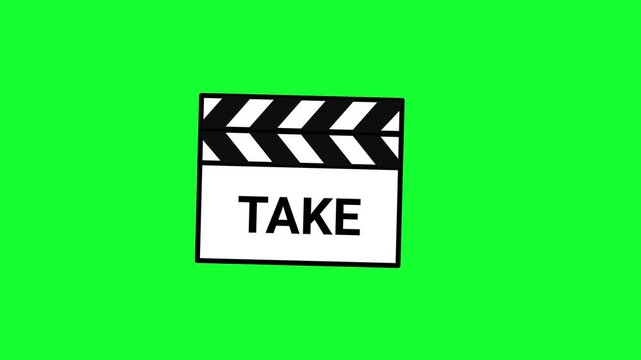 Animated movie clapperboard clacking take 01 action loop on green screen and white background for film production, video editing, and cinema asset.