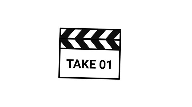 Animated movie clapperboard clacking take 01 action loop on green screen and white background for film production, video editing, and cinema asset.