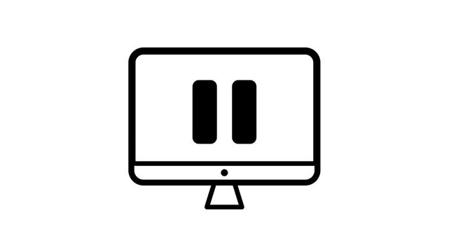 Animated desktop computer monitor playing video with play pause stop icon loop on white background for online streaming, UI, and video editing asset.