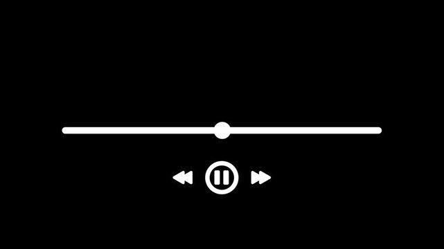 Animated white media player progress bar scrubbing with play pause button loop on black background for video player UI, web element, and editing asset.
