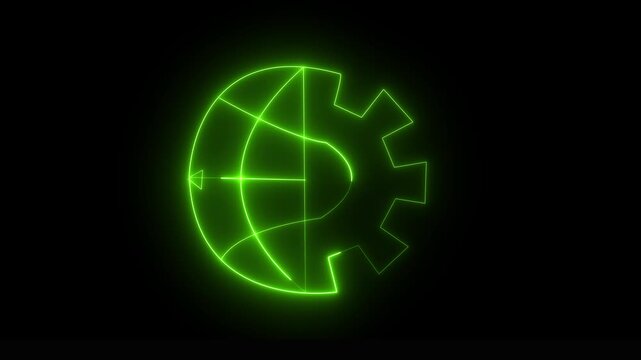 glowing neon globe and gear icon isolated on black background, representing engineering, development, automation, manufacturing, industrial technology, and innovation , 4k video.