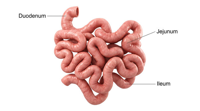 Human small intestine anatomy diagram showing duodenum, jejunum, and ileum