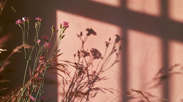 Wildflowers casting soft shadows on sunlit blush plaster wall