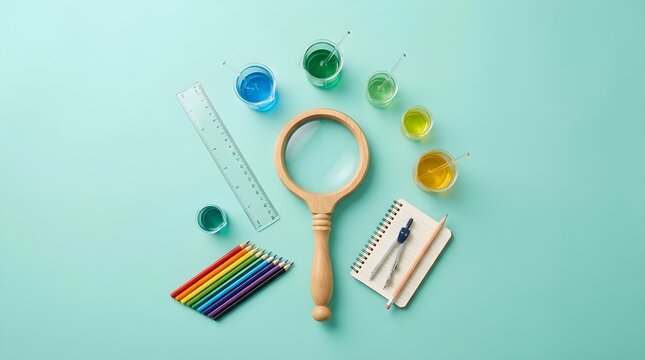 Creative back to school supplies arrangement with magnifying glass and science lab beakers for STEM education
