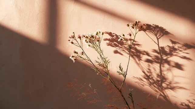 Delicate flower stems and shadows on warm pink wall with copy space