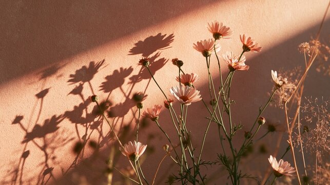 Pink daisies and crisp flower shadows on textured pastel wall