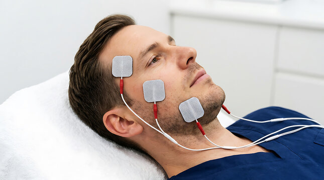 Man receiving facial electrostimulation treatment at home electrodes