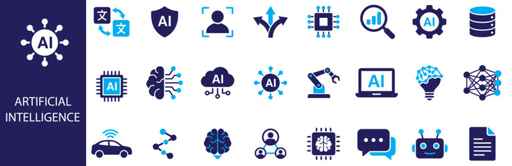 Artificial intelligence and machine learning solid icon set. Includes symbols for Neural Networks, Automated Technology, and Smart Robotics. Solid vector icons for digital innovation © Stock