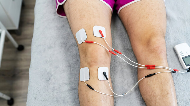 Person with tens electrodes on back, close-up view wires