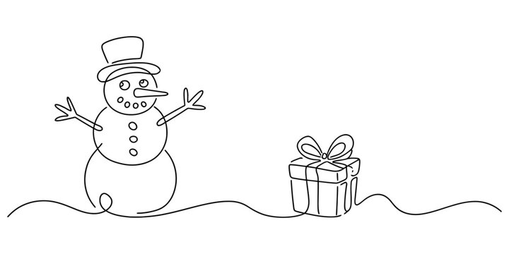 Continuous single line drawing of a happy snowman with a gift box for christmas holiday season celebration isolated on a plain white background Vector, illustration