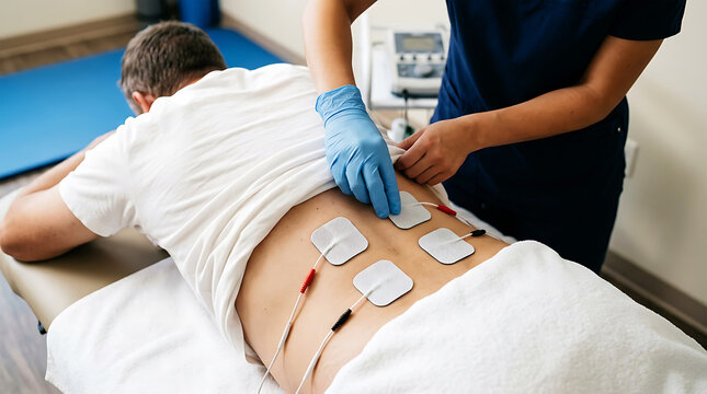 Physical therapist applying tens electrodes to patient's back